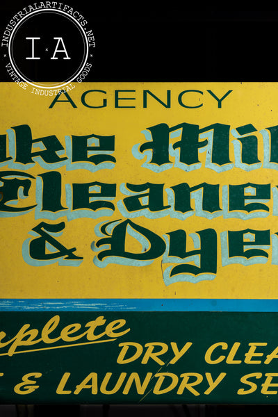 Vintage Lake Mills Cleaners Painted Tin Sign on Bracket