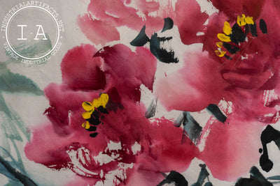 Asian Fabric and Paper Peonies Good Luck Scroll Art
