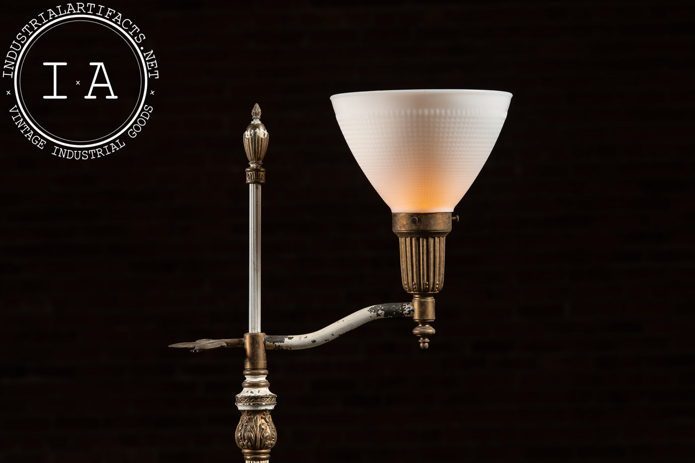 Antique Bridge Arm Floor Lamp with Milk Glass Shade