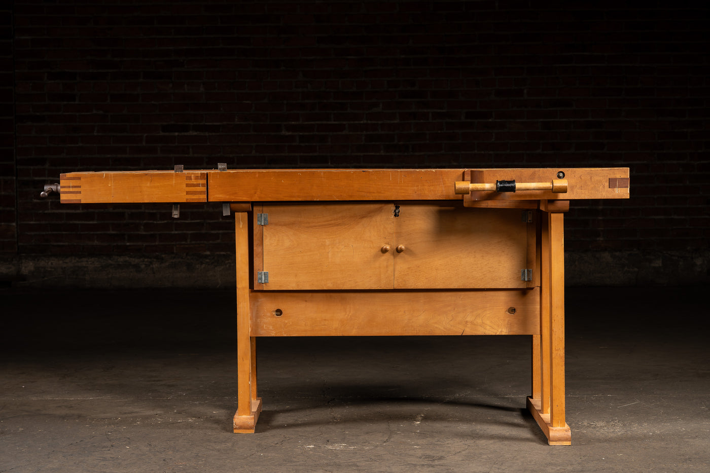 Mid-Century Maple Woodworking Bench with Dual Vises and Cabinet Storage