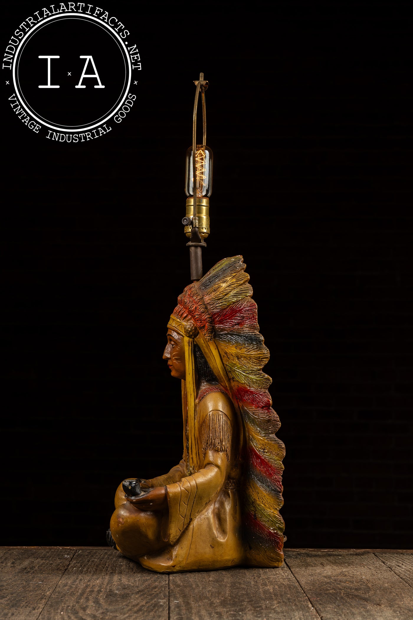 Vintage Chalkware Native American Peace Pipe Lamp Base