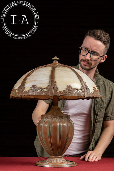 Antique Bronze and Slag Glass Table Lamp