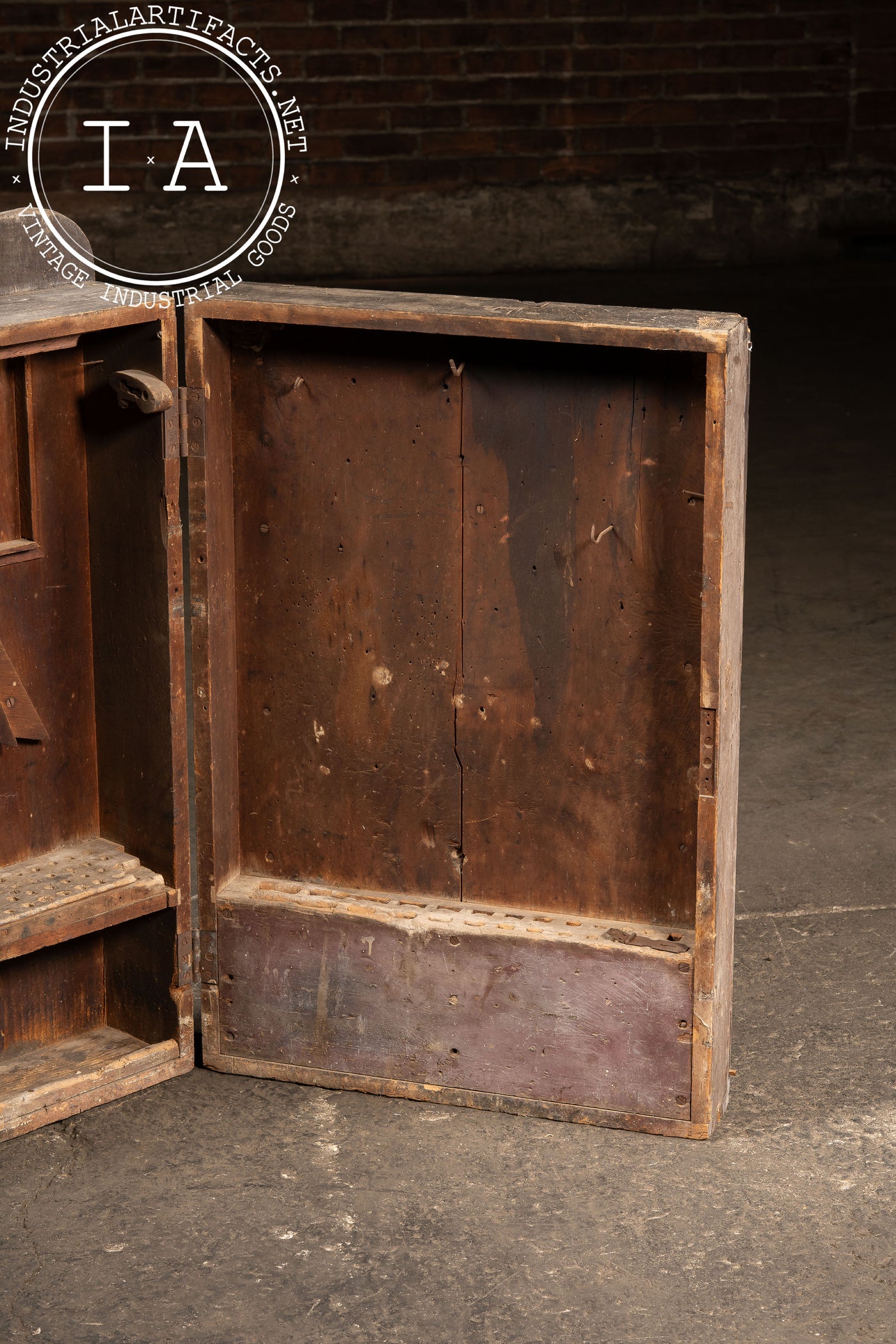 Antique Wooden Swing-Open Tool Cabinet