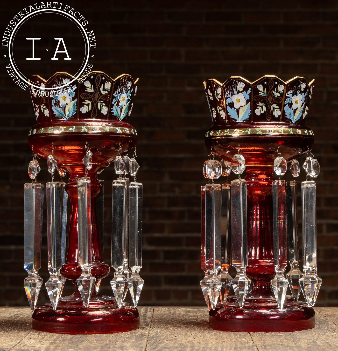 Pair of 19th Century Bohemian Ruby Glass Mantle Lusters with Prisms
