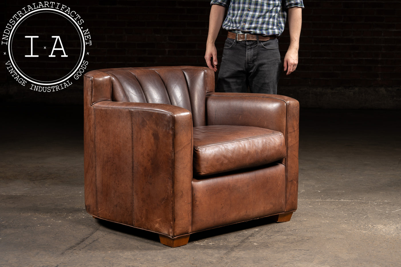 Vintage Leather Clamshell Club Chair and Ottoman Set