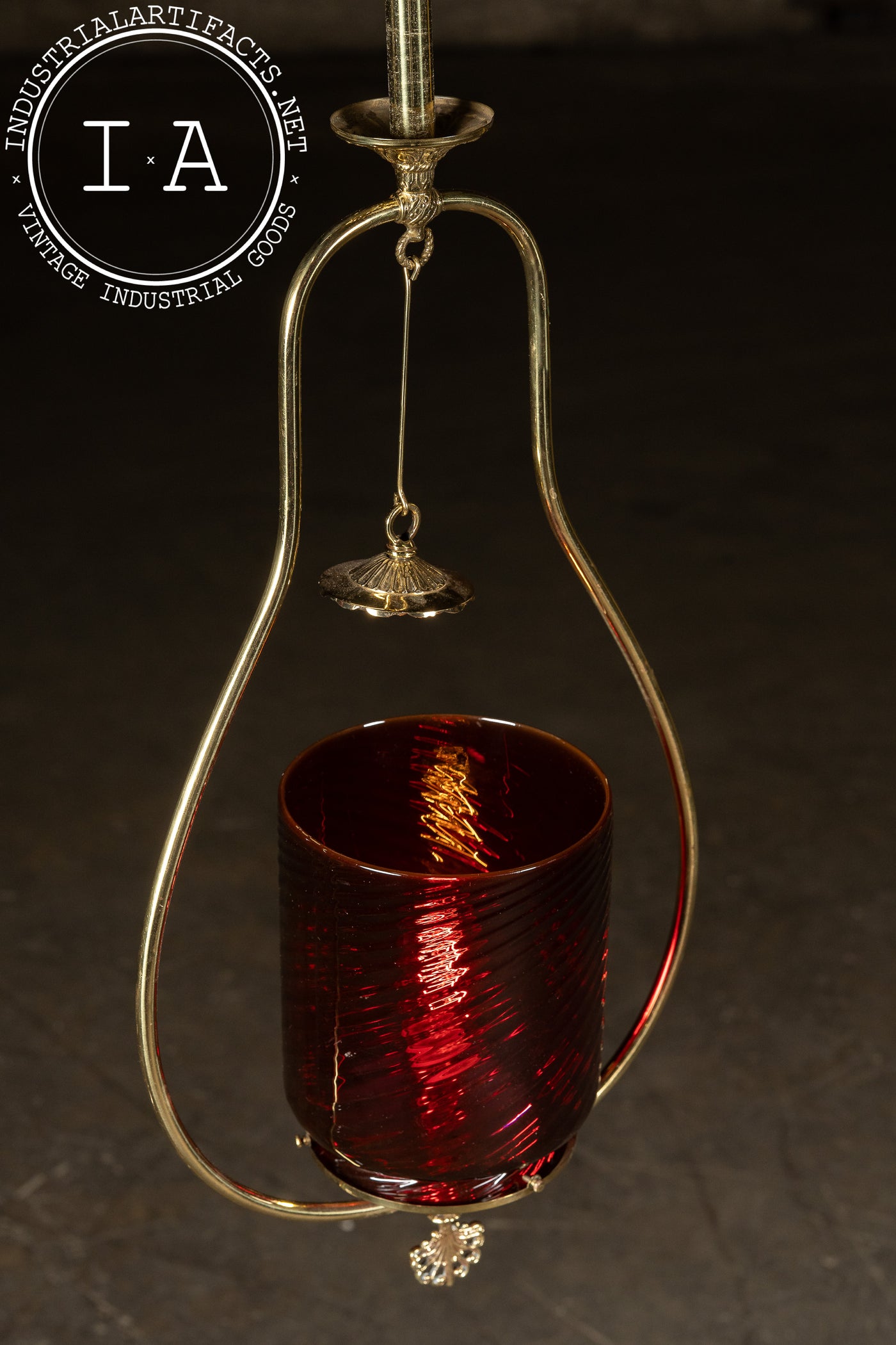 Mid-Century Brass Pendant Lamp with Cranberry Glass Shade