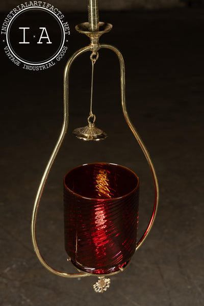 Mid-Century Brass Pendant Lamp with Cranberry Glass Shade