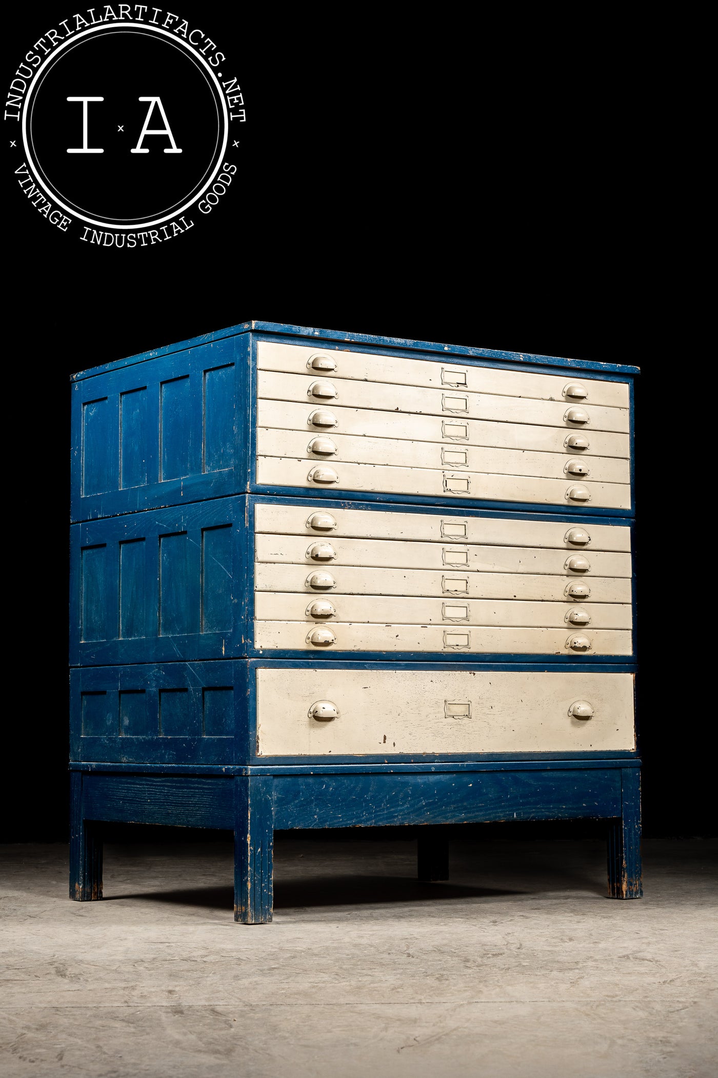 Antique Painted Oak Flat File Cabinet in Blue