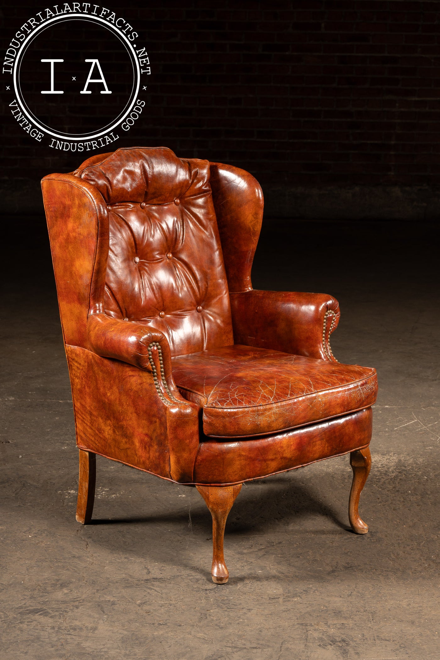 Tufted Leather Wingback Armchair in Burnt Amber