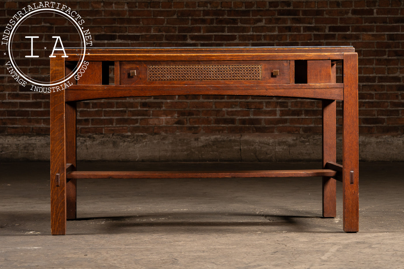 Early 20th Arts & Crafts Oak Library Table with Glass Top by Limbert