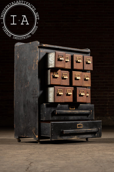 Wooden 14 Drawer Rolling Shop Cabinet in Distressed Black
