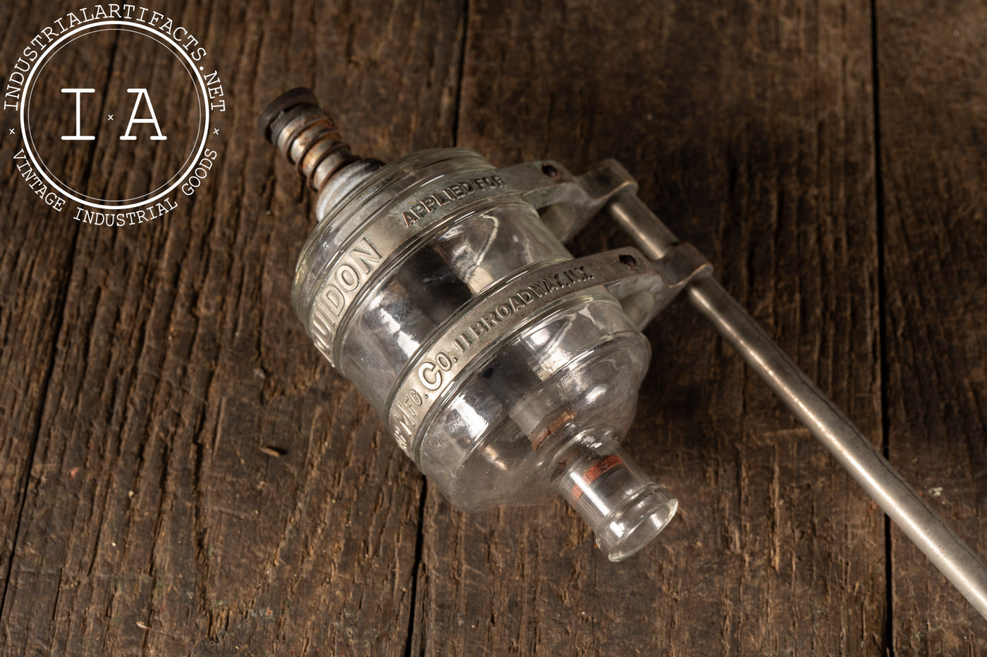 Vintage Industrial Glass "LIQUIDON" Soap Dispenser by IS-Soap Mfg.