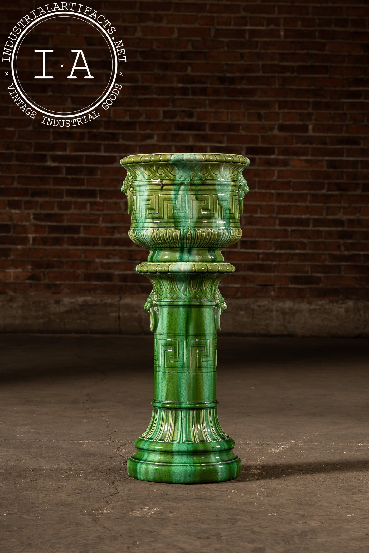 Early 20th Century Brush McCoy “Green Onyx” Majolica Pedestal & Planter Set