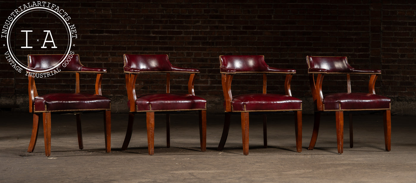 Set Of Four Nailhead Trim Barrel-Back Leather Armchairs in Oxblood