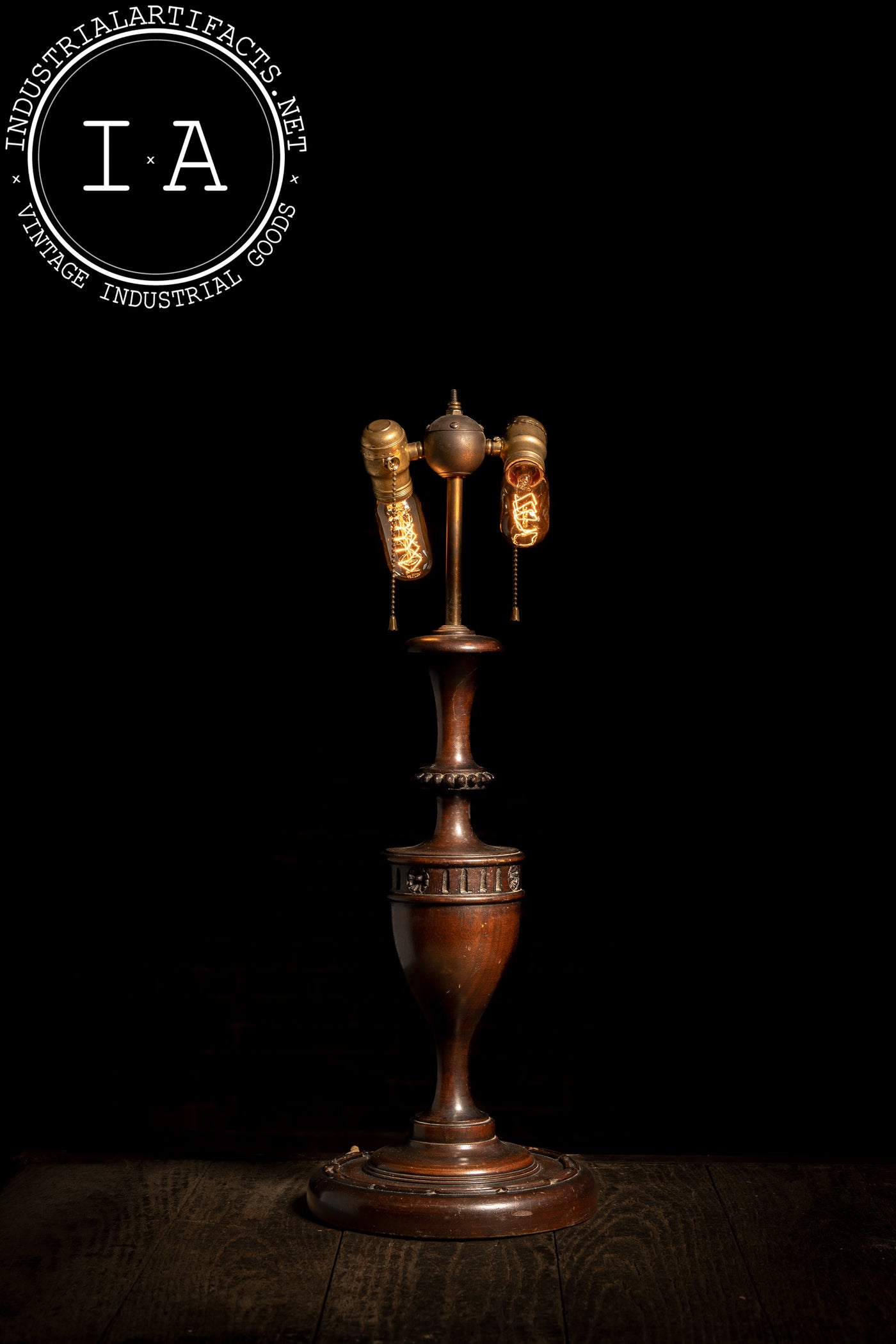 Antique Wooden Table Lamp with Brass Double Socket