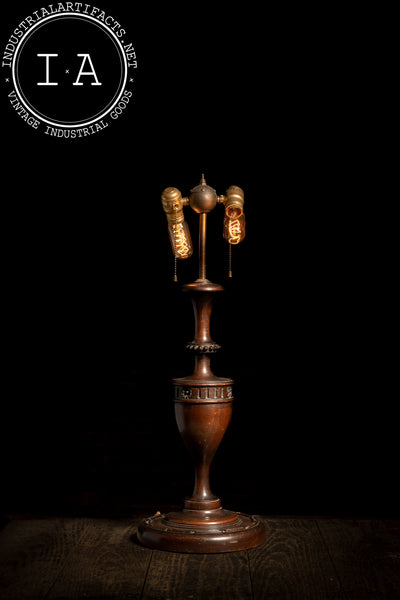 Antique Wooden Table Lamp with Brass Double Socket