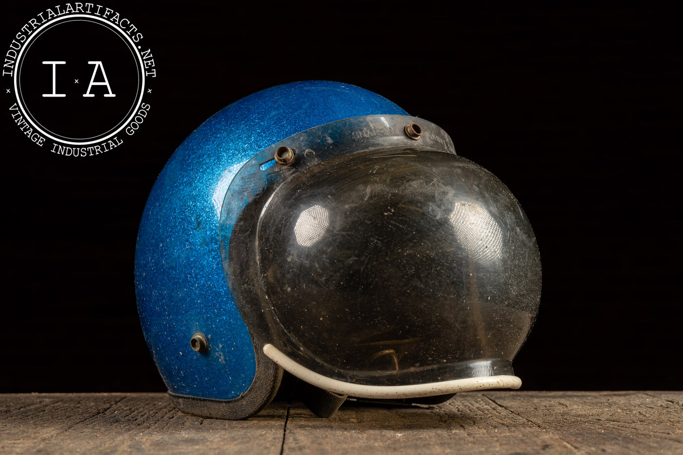 Vintage Motorcycle Helmet with Snap-On Bubble Shield in Metallic Blue