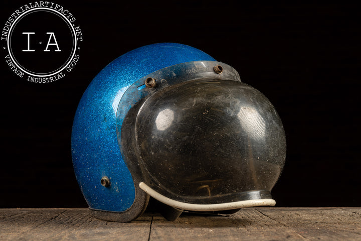 Vintage Motorcycle Helmet with Snap-On Bubble Shield in Metallic Blue – Industrial Artifacts