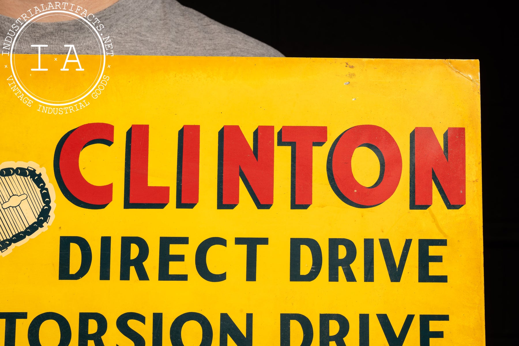 Clinton Rifles Antique Sign Vintage Clinton Chainsaws Flange Advertising Sign – Industrial Artifacts