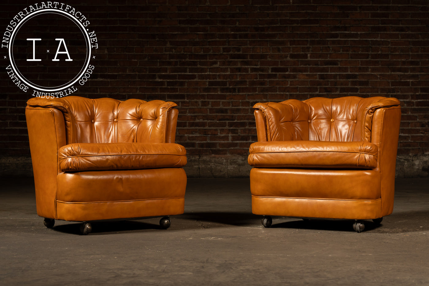 Pair of Tufted Barrel Back Leather Club Chairs by Classic Leather, Inc.