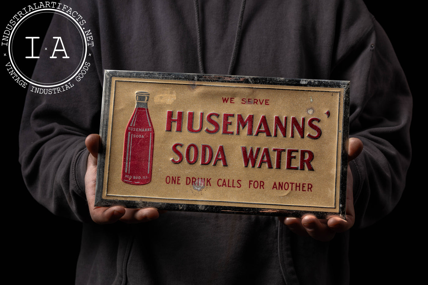 Vintage Husemanns Soda Water Tin over Cardboard Sign