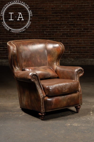 Vintage Wingback Leather Chair with Pillow, Ottoman by Walter E. Smithe
