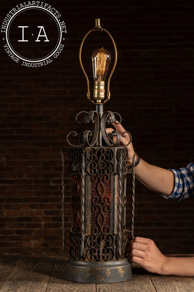 Vintage Spanish Revival Wrought Iron Table Lamp with Mica Shade Panels