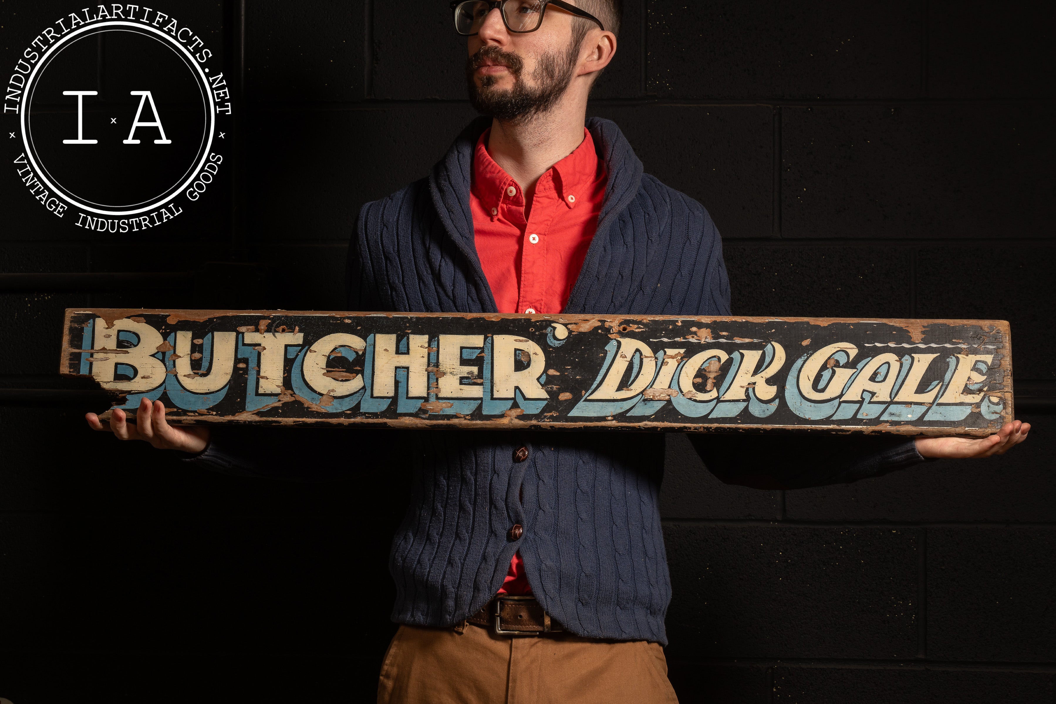 Vintage Painted Wood Butcher Storefront Sign – Industrial Artifacts