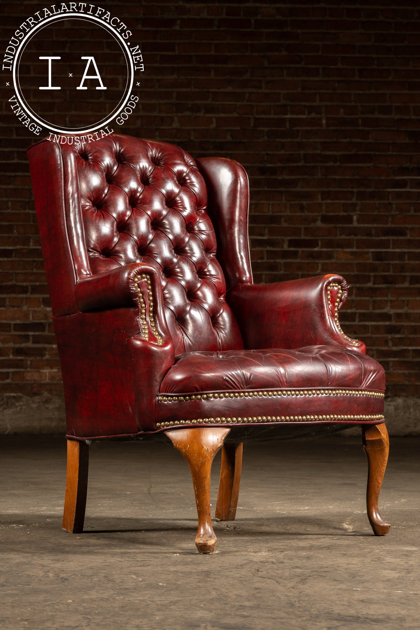 Vintage Tufted Leather Wingback Chesterfield Armchair in Oxblood