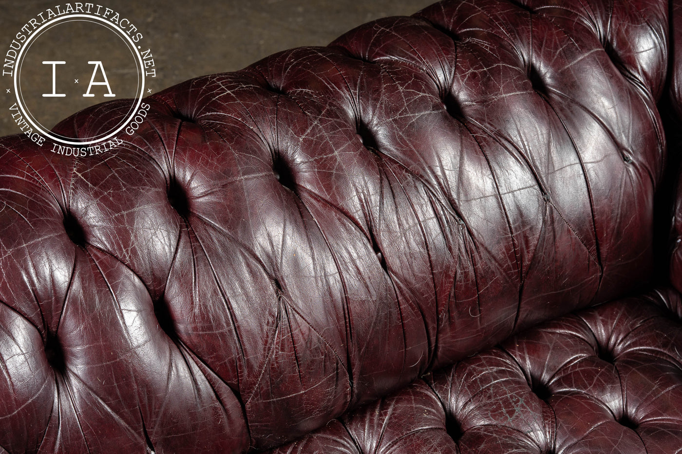 Deep Oxblood Leather Chesterfield Sofa with Nailhead Trim