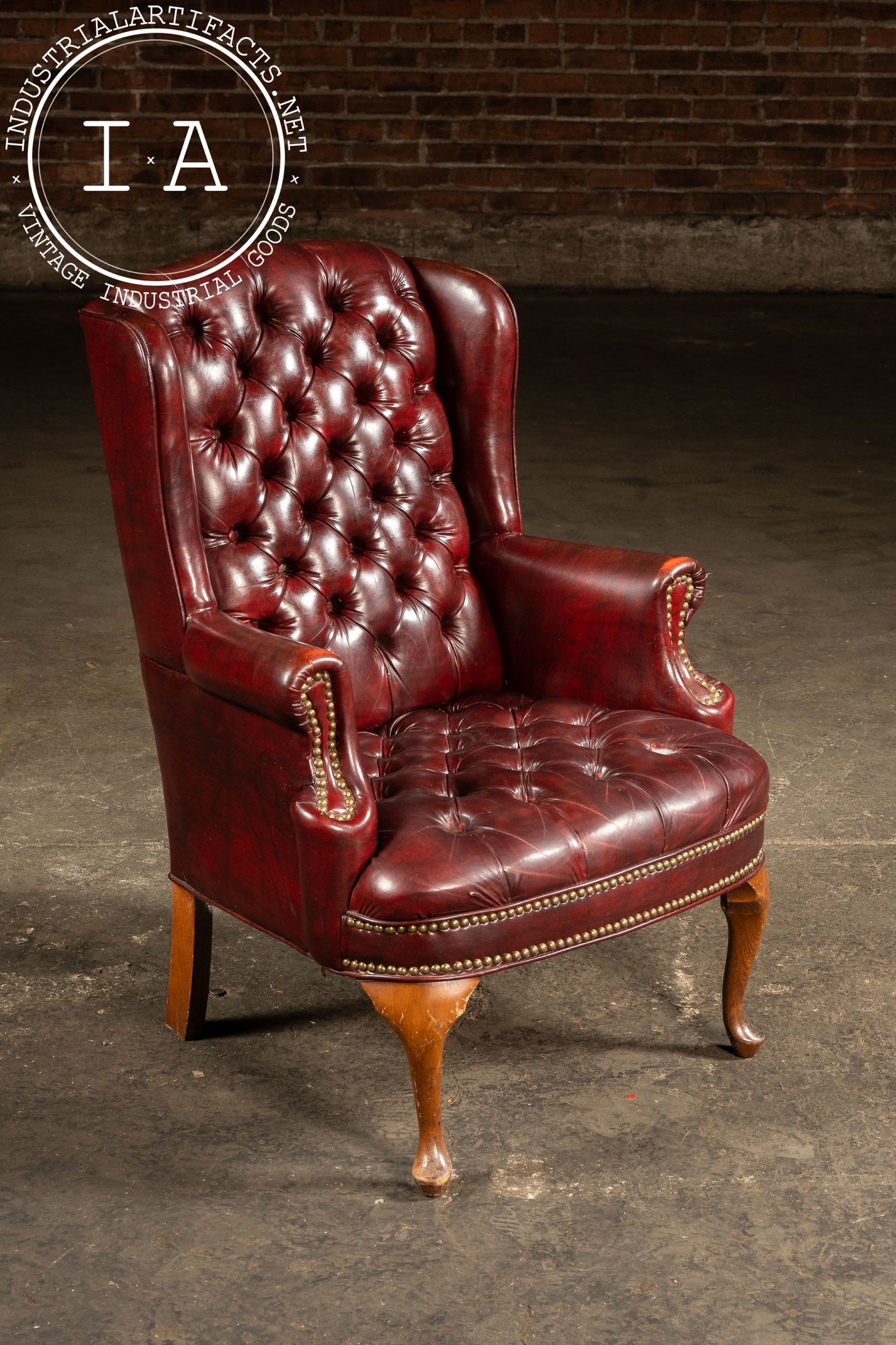 Vintage Tufted Leather Wingback Chesterfield Armchair in Oxblood