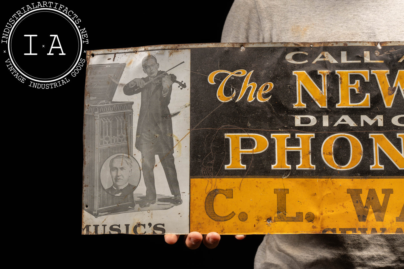 Early 20th Century Tin Litho Edison Phonograph Cut Sign