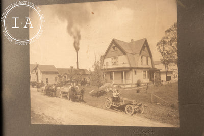 Antique Framed Portrait Of Early Automobile with Horses