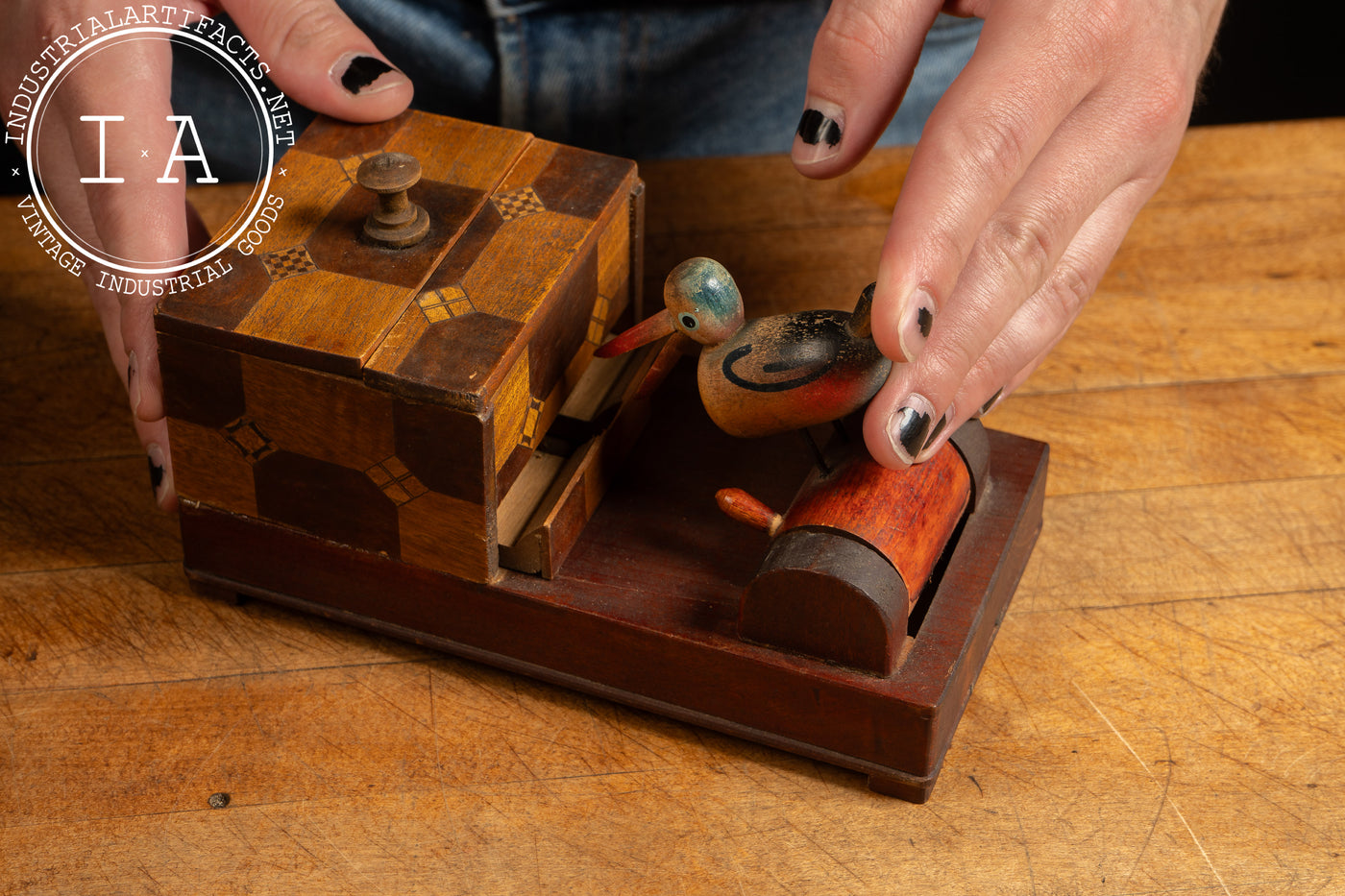 Vintage Mechanical Wooden Cigarette Box and Dispenser