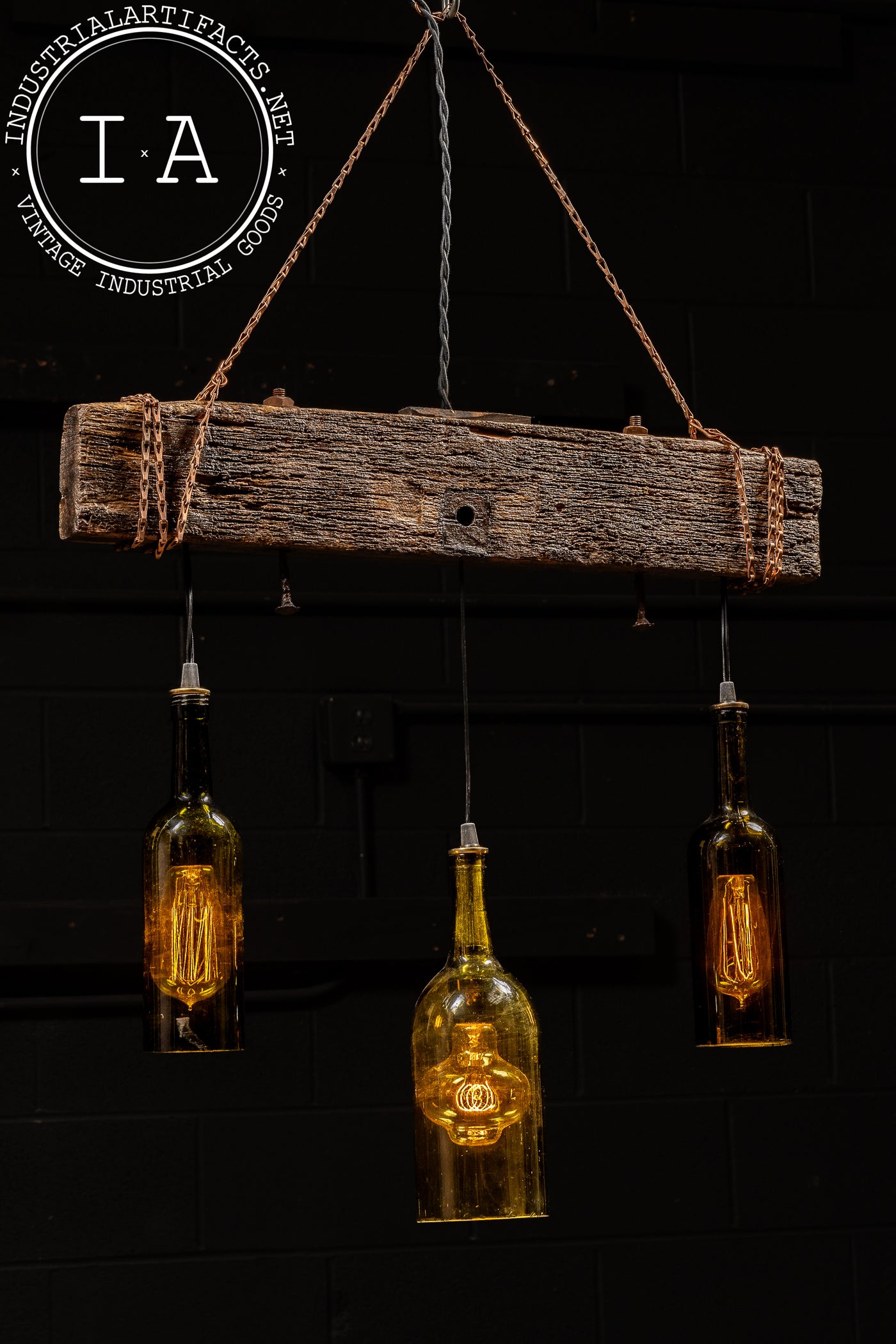 Reclaimed Bottle Chandelier with Rustic Beam Mount