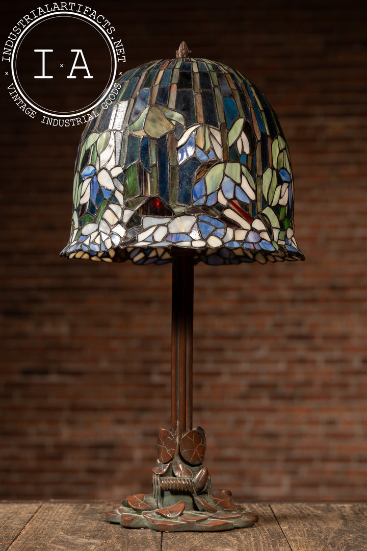 Vintage After-Tiffany Leaded Glass “Water Lily” Bronze-Tone Table