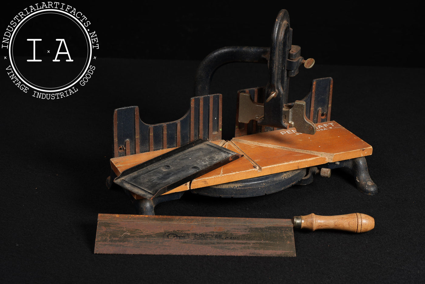 Vintage Cast Iron and Wood Miter Box with Saw by Penncraft