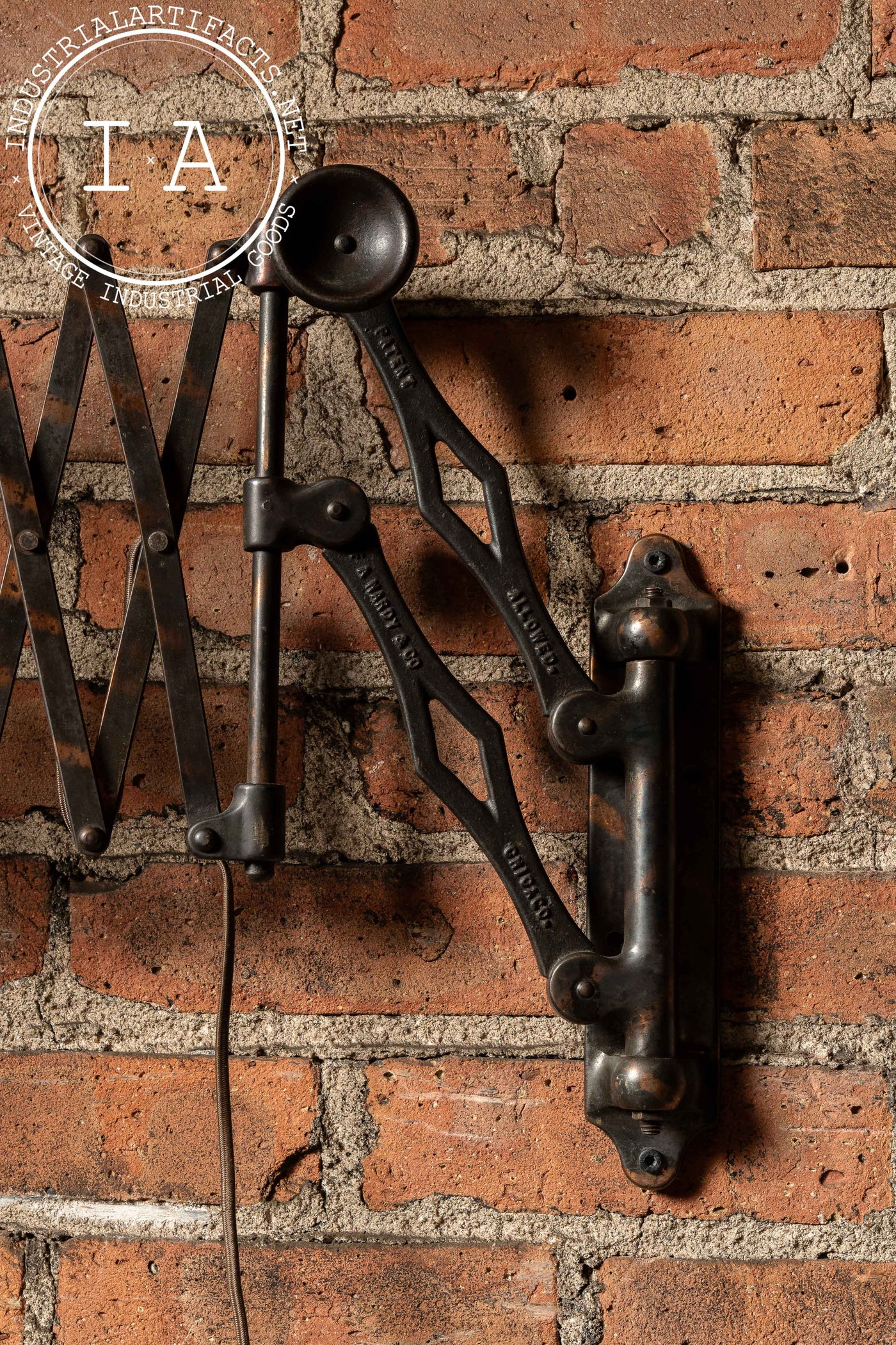 Antique Japanned Copper Scissor Arm Wall Lamp by F. W. Hardy