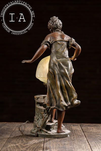 Art Nouveau Figural Lamp with Uranium Glass Shade by Anglade