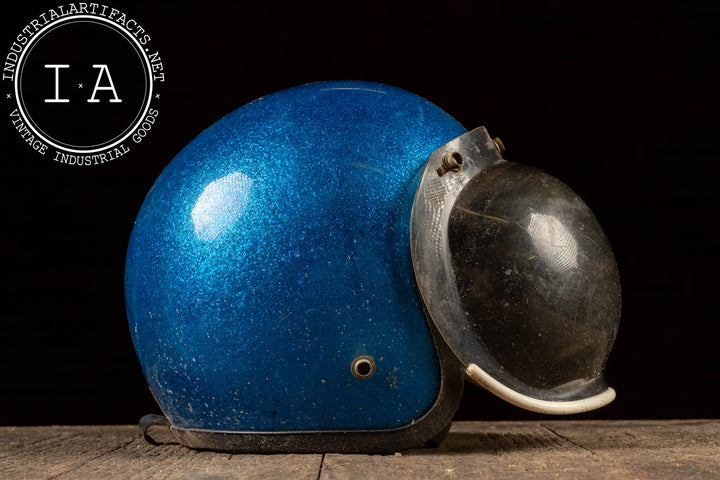 Vintage Motorcycle Helmet with Snap-On Bubble Shield in Metallic Blue – Industrial Artifacts