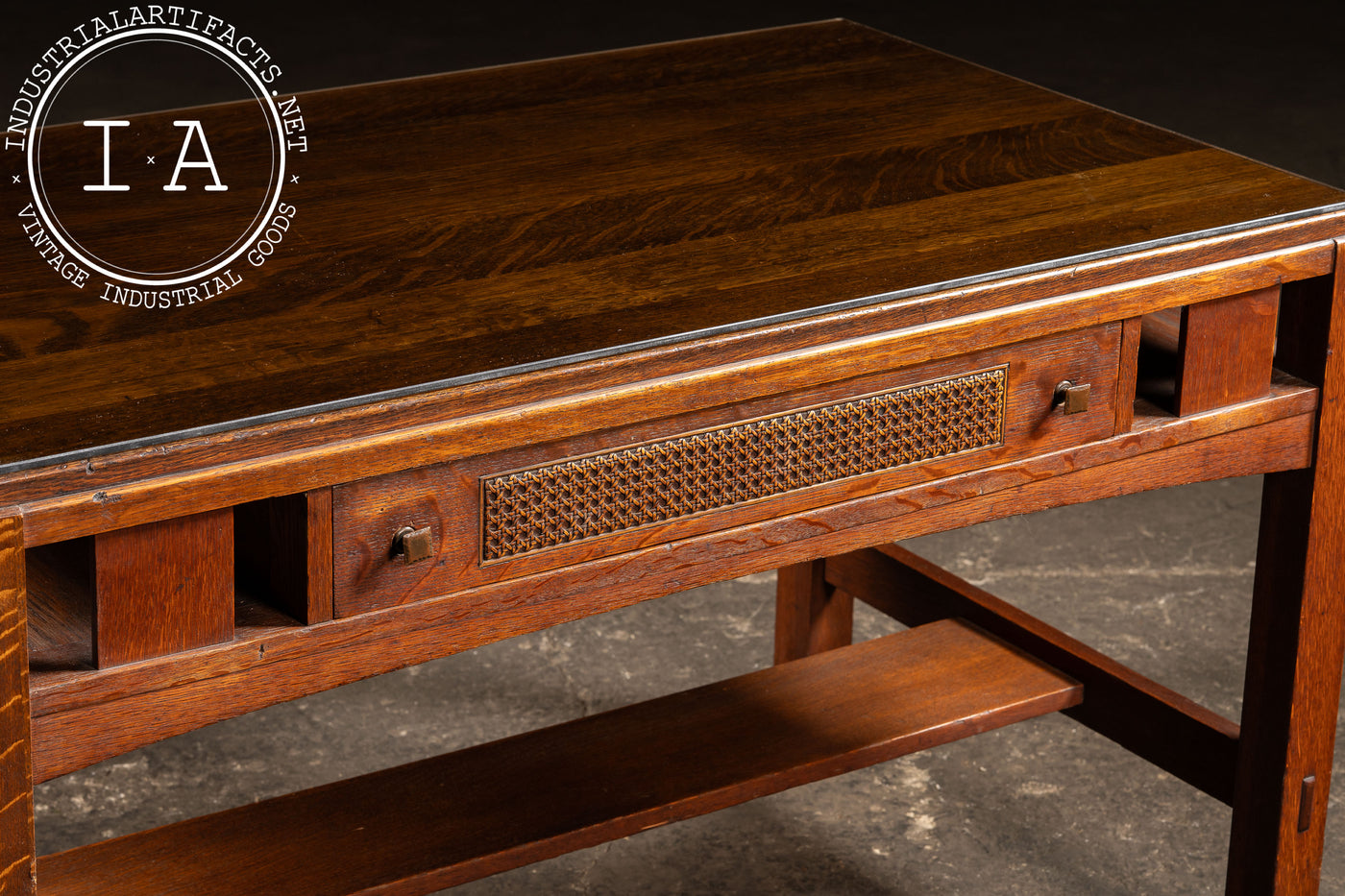 Early 20th Arts & Crafts Oak Library Table with Glass Top by Limbert