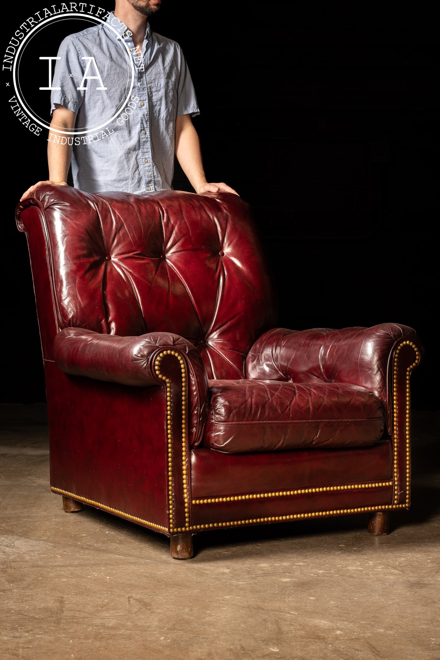 Vintage Tufted Armchair and Ottoman Set in Burgundy