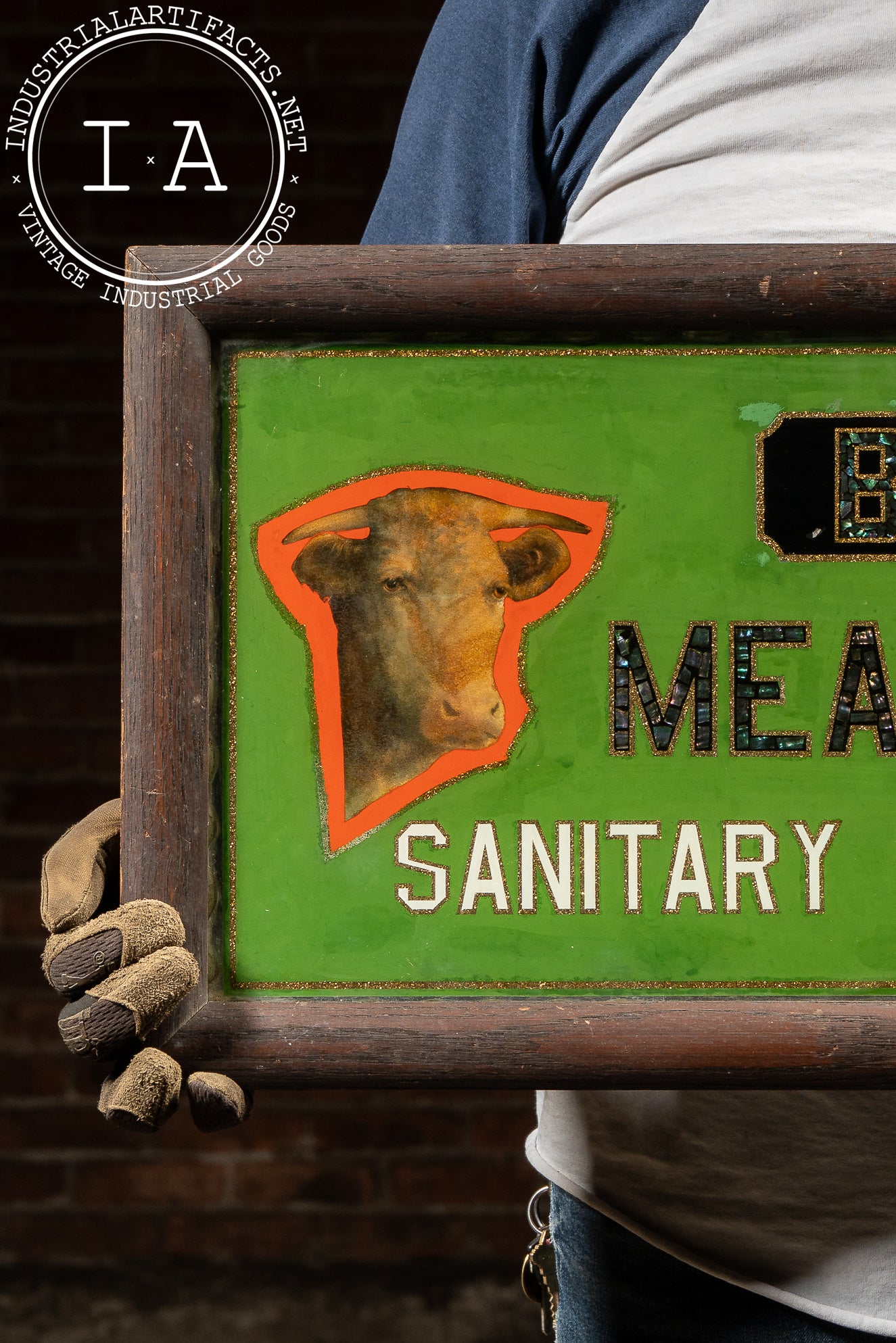 Early 20th Century Reverse-Painted Brooklyn Meat-Market Scalloped Glass Sign