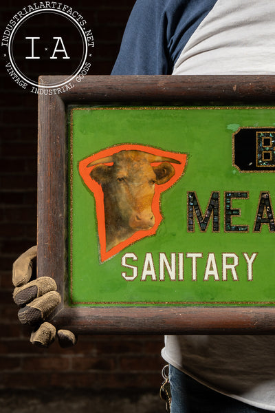 Early 20th Century Reverse-Painted Brooklyn Meat-Market Scalloped Glass Sign