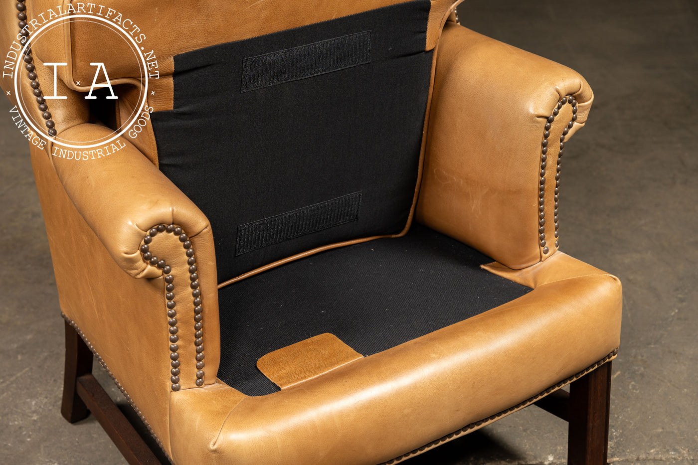 Vintage Leather Wingback Armchair With Ottoman in Tan