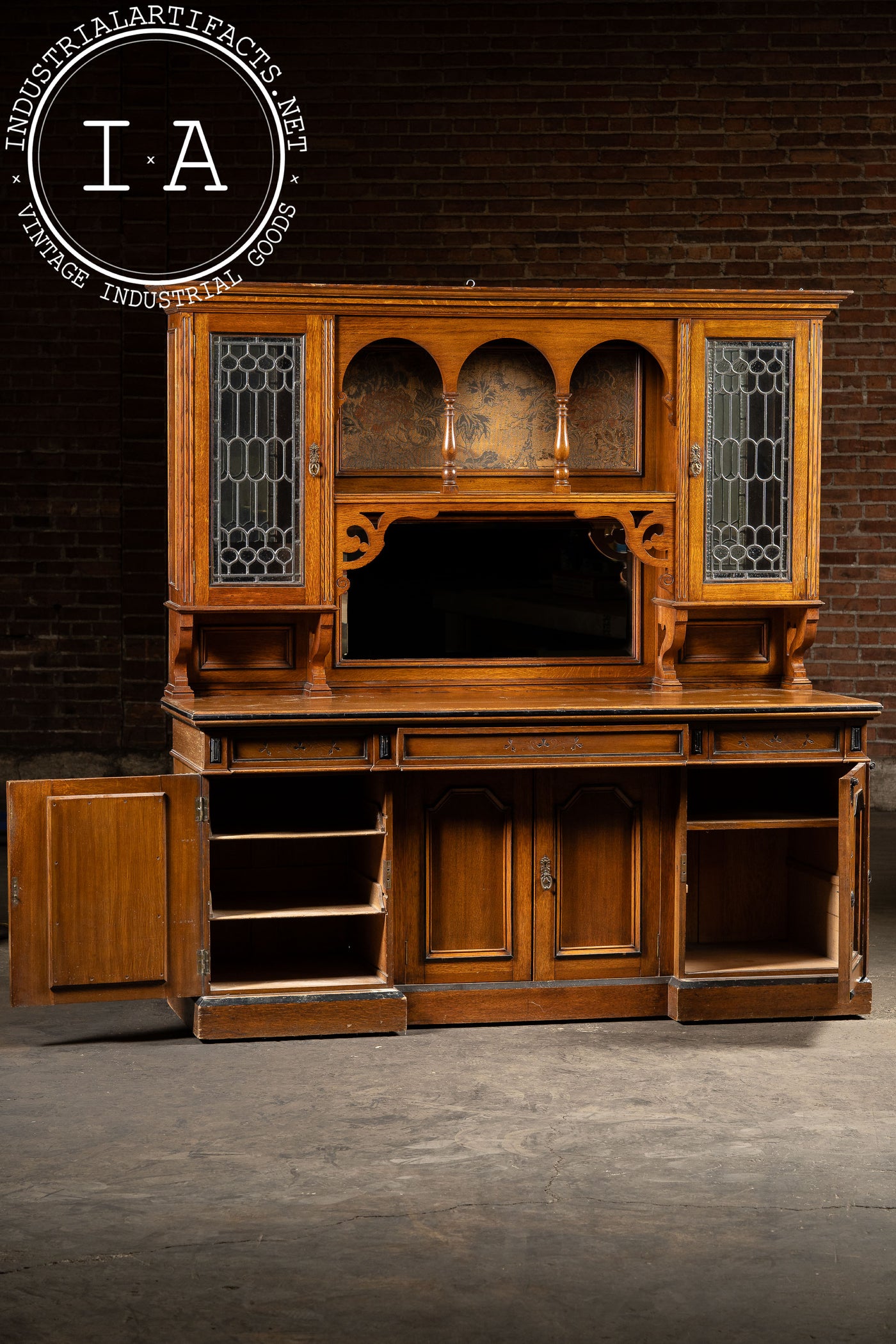 Victorian Gothic Revival Oak Sideboard Hutch with Leaded Glass Doors