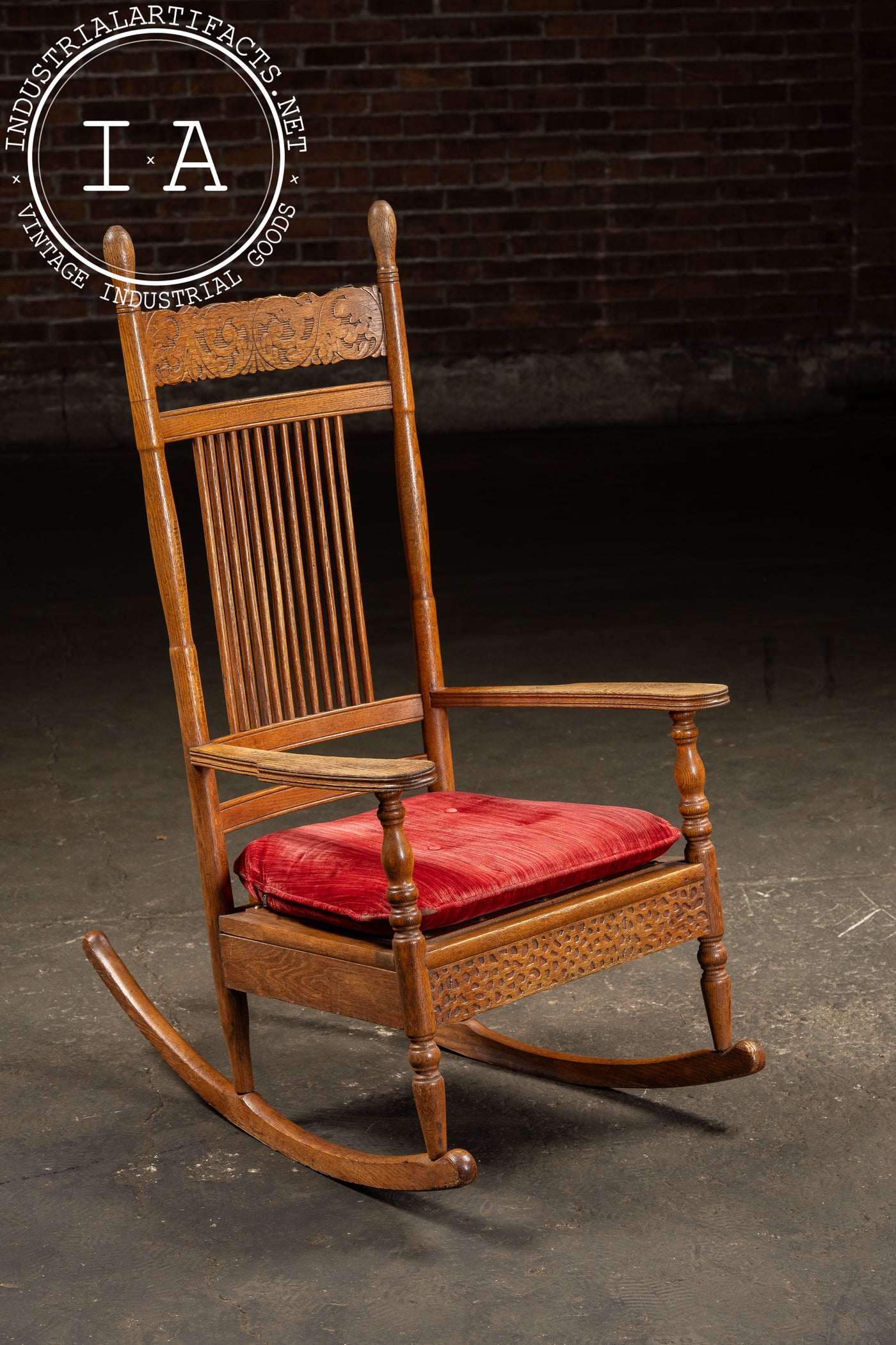 Antique Wooden Rocking Chair With Red Cushion