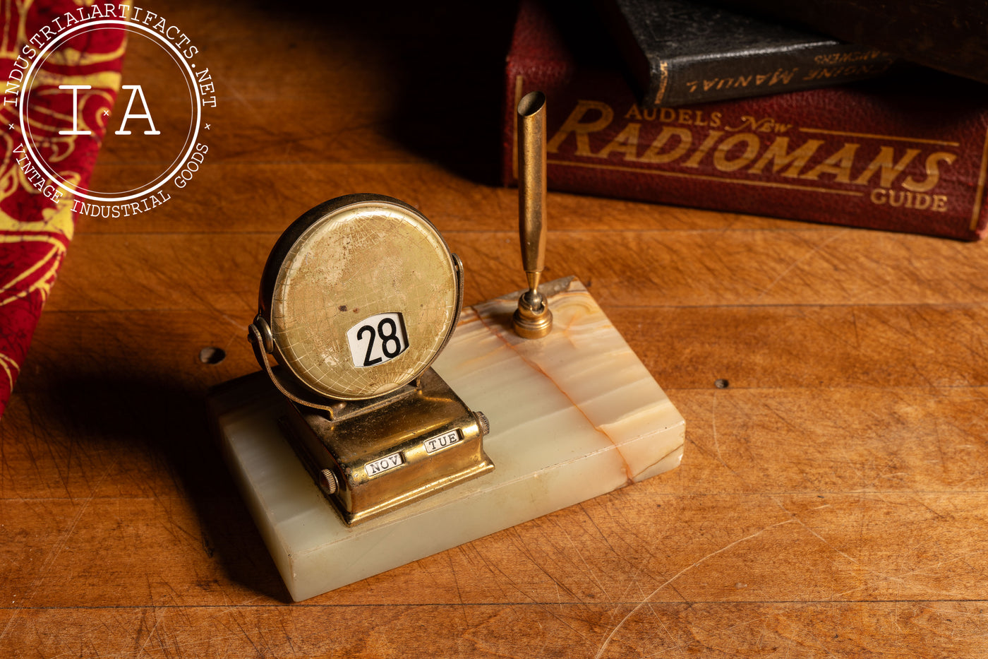 Vintage Art Deco Brass & Onyx Desk Calendar with Pen Holder