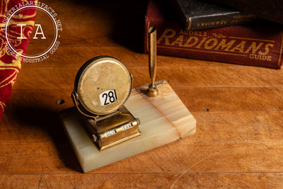 Vintage Art Deco Brass & Onyx Desk Calendar with Pen Holder