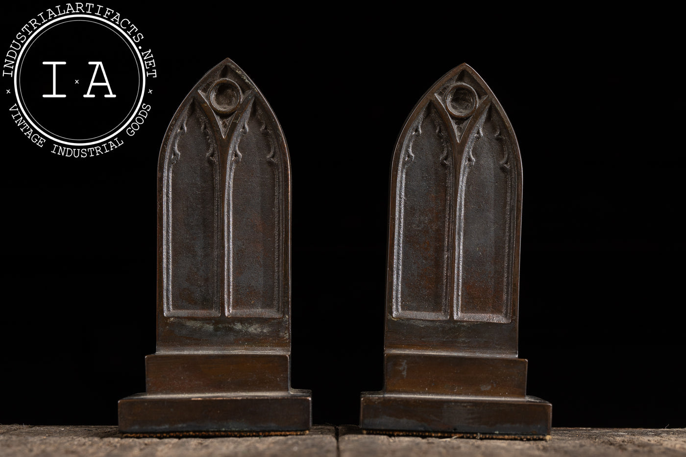 Antique Gothic-Inspired Cathedral Window Bookend Pair